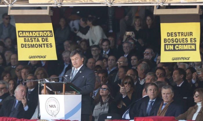 Tras el escándalo con los veganos, Greenpeace logró desplegar carteles de protesta en la inauguración oficial de La Rural