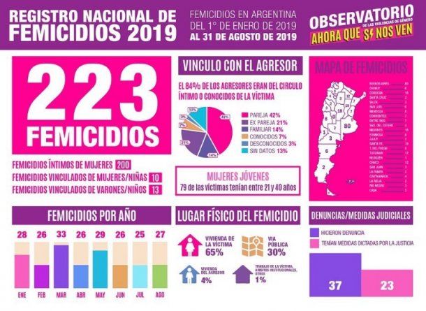 Durante el primer semestre de 2019 hubo 223 femicidios en Argentina