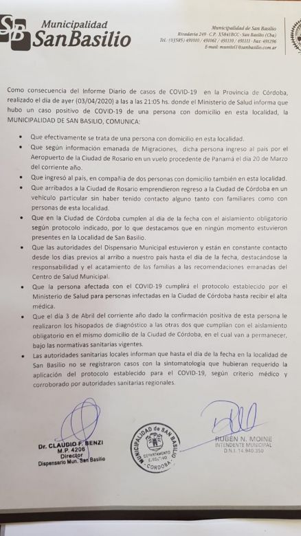 San Basilio: El Intendente emitió un comunicado explicando la situación de la persona con COVID-19