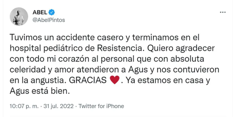 Abel Pintos relató el drama que vivió con su hijo Agustín, de 1 año: “Tuvimos un accidente casero y terminamos en el hospital”