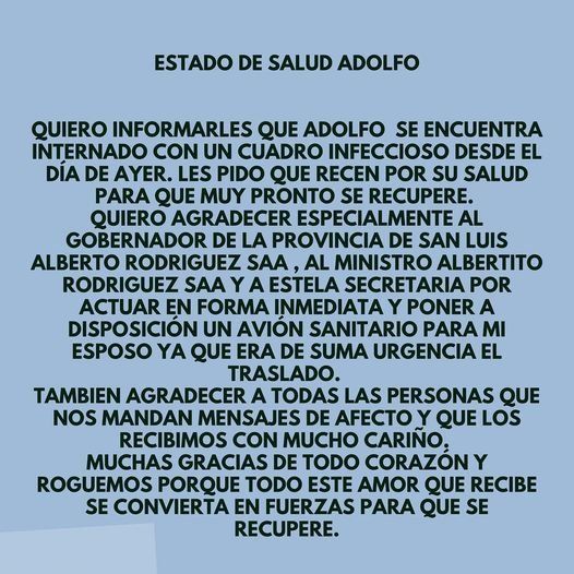 Adolfo Rodríguez Saá fue trasladado de urgencia a Buenos Aires