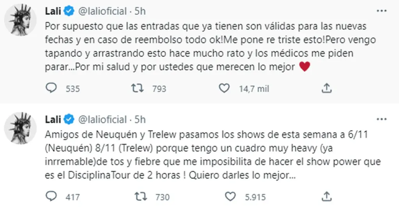 Cuál es el problema de salud que le impide a Lali Espósito hacer sus shows