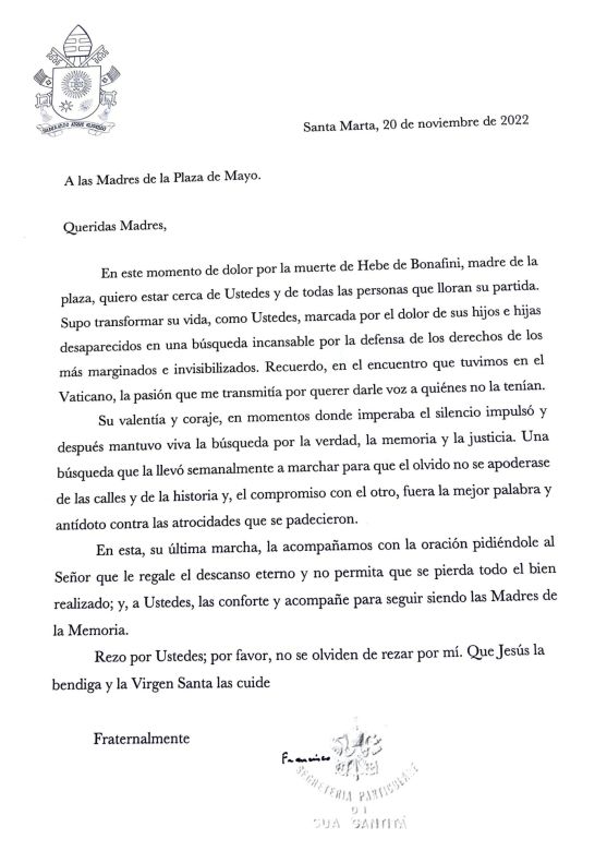 La carta del Papa a las Madres: "Quiero estar cerca de todos los que lloran su partida"