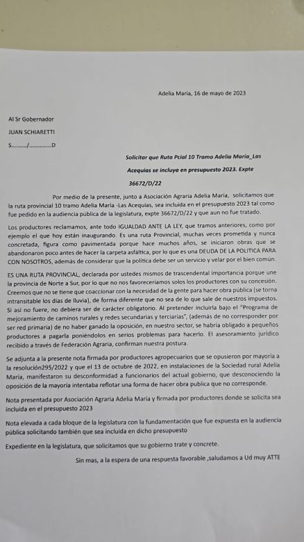 Ruta 10: acercaron una nota a Schiaretti para que se haga otro tramo con presupuesto público