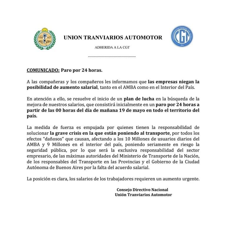 El Ministerio de Trabajo dictó la conciliación obligatoria con la UTA y no habrá paro de colectivos 