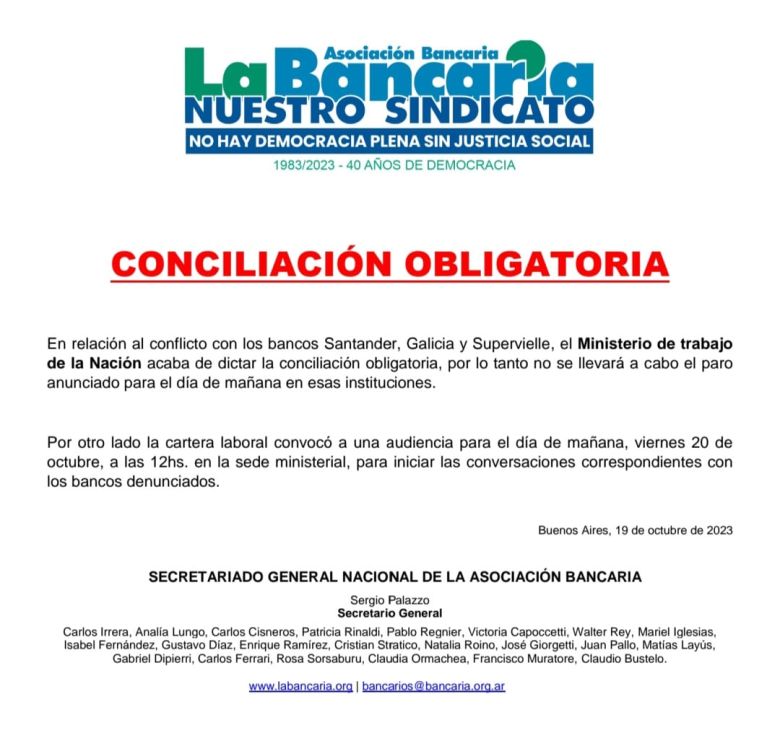 Se dictó la conciliación obligatoria y no hay paro bancario