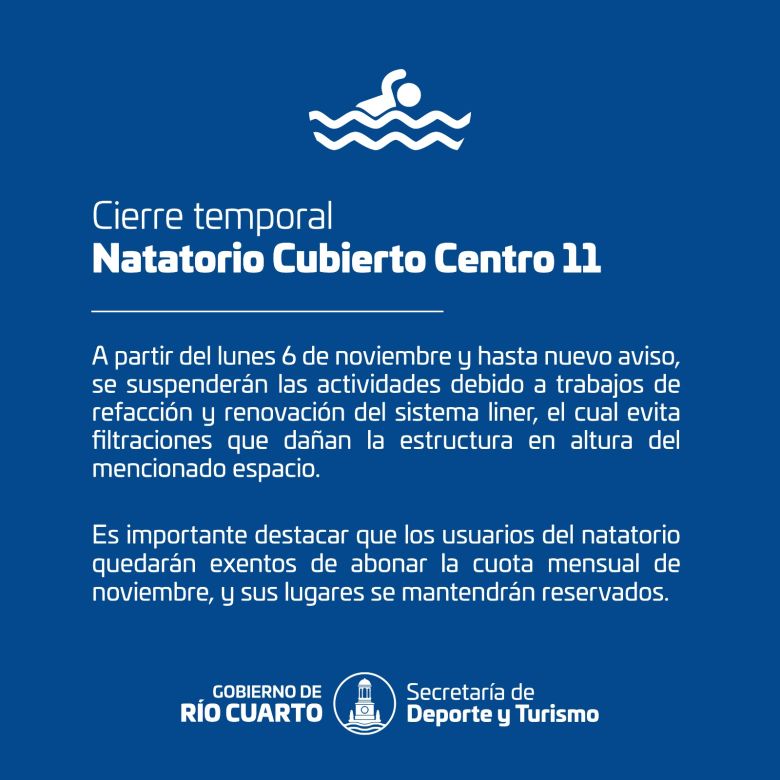 Cierre temporal del natatorio cubierto por obras de refacción