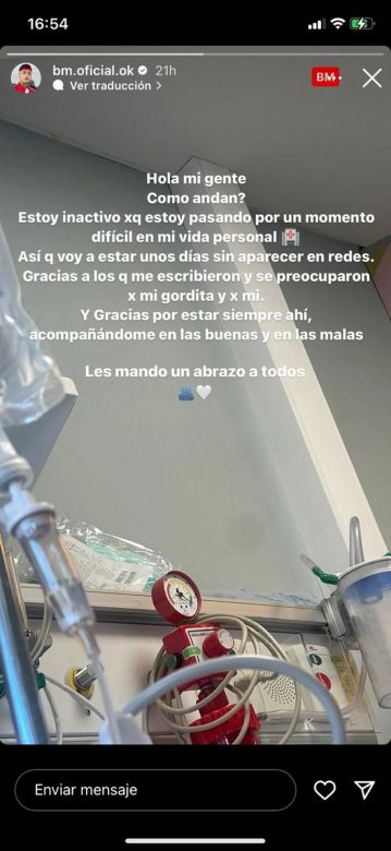 BM publicó una foto internado y preocupó a sus fanáticos: “Estoy pasando un momento difícil”